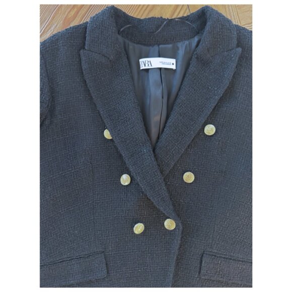 Zara Double Breasted Boucle Blazer with Gold Buttons  BLACK Size XL - Picture 3 of 5